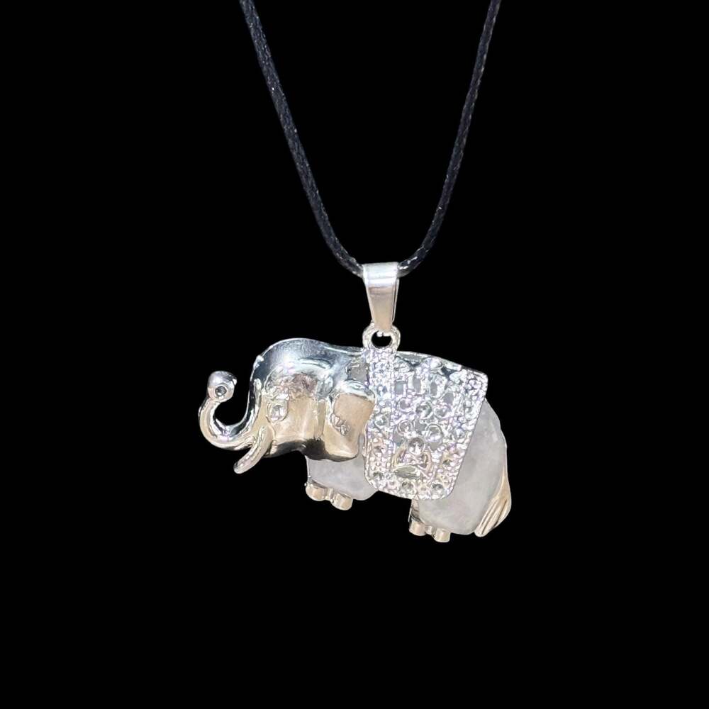 Clear Quartz Traveling Elephant Pendant Black Cord Necklace